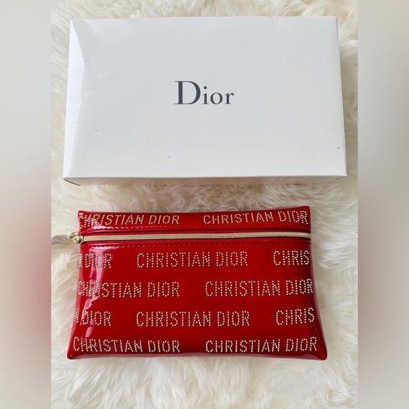 Handbags - Dior Vintage Patent Gold Studded Red Pouch. Zipper pull sealed in tissue NIB GWP